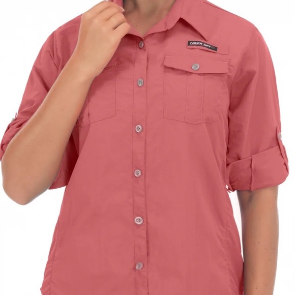 Little Donkey Andy‎ Womens Long Sleeve Button Up Fishing Shirt pink peach Medium - Picture 1 of 13